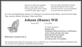 Traueranzeige von Johann Will von Pegnitz-Zeitung